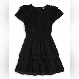 Aqua Girls. Tiered Swiss Dot Ruffled Cotton Kids Dress. Black